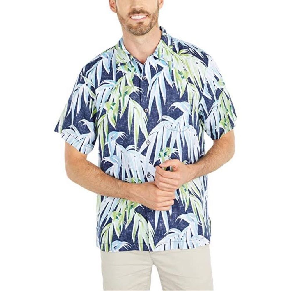 Tommy Bahama Perfect Palmday Camp Linen Shirt In Ocean Deep Size L